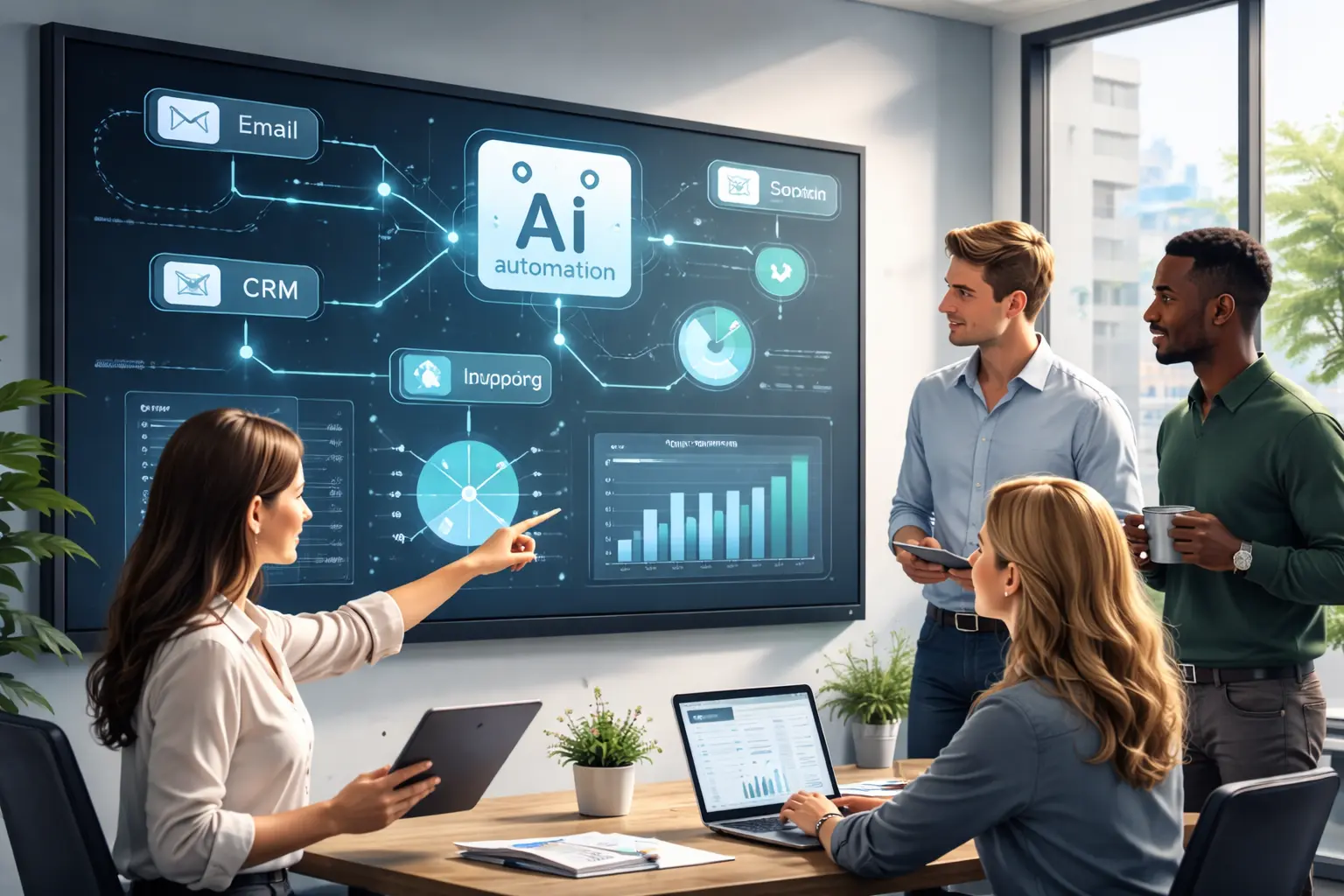 Small business team using AI dashboards and automated workflows on laptops in a modern office