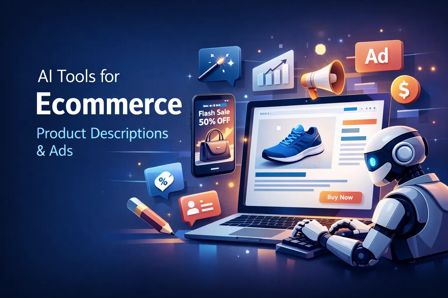 AI generated feature image for AI Tools for Ecommerce Product Descriptions and Ads